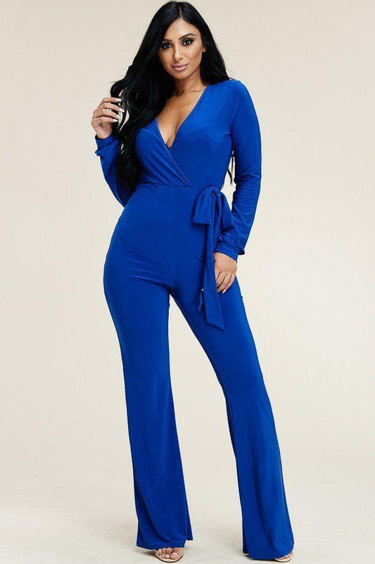 Solid Long Sleeve Wide Leg Jumpsuit With Tie Waist - Absolute Fashion 2020