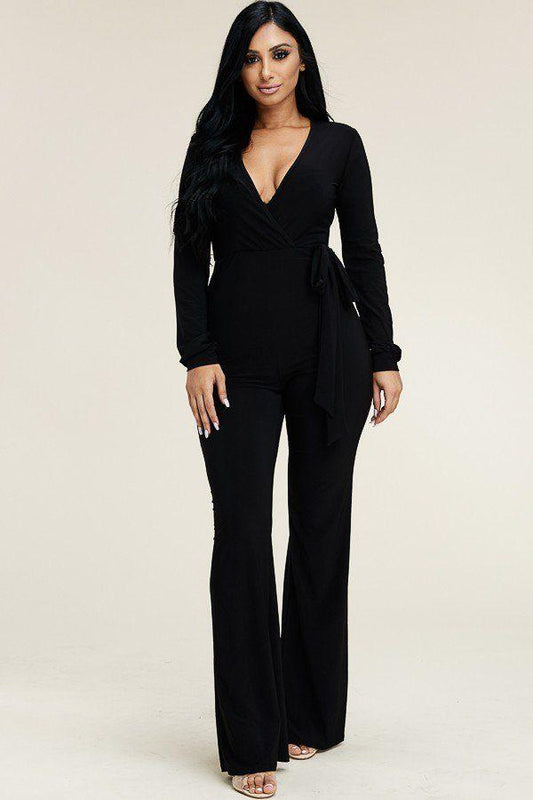 Solid Long Sleeve Wide Leg Jumpsuit With Tie Waist - Absolute Fashion 2020