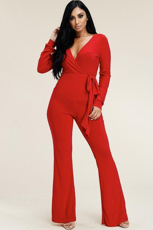 Solid Long Sleeve Wide Leg Jumpsuit With Tie Waist - Absolute Fashion 2020