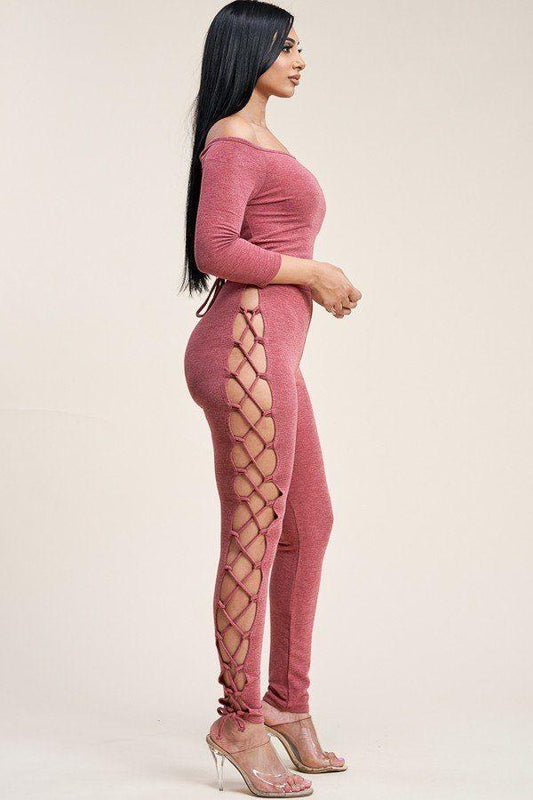 Solid French Terry Off The Shoulder 3/4 Sleeve Top And Legging Two Piece Set - Absolute Fashion 2020