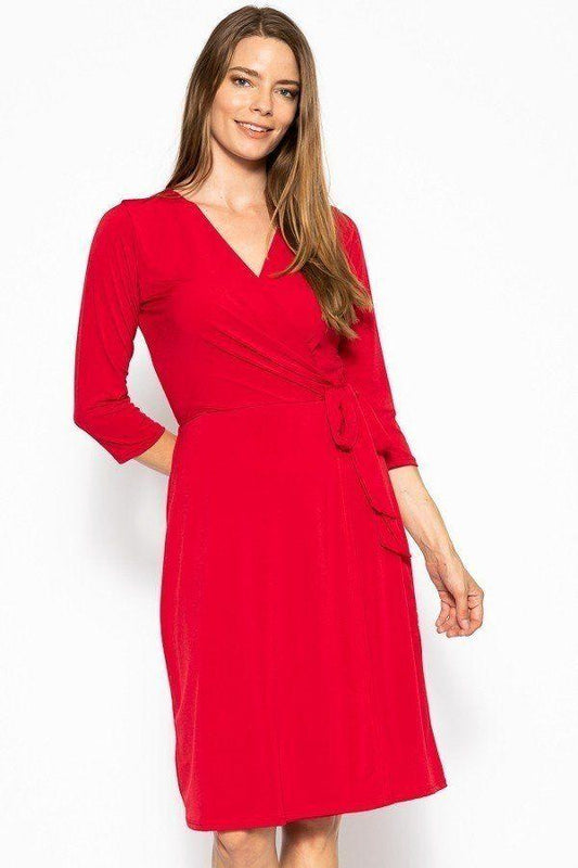 Cute Midi 3/4 Sleeve Dress With A Overlapping V-neck Line And A Belted Waist - Absolute Fashion 2020