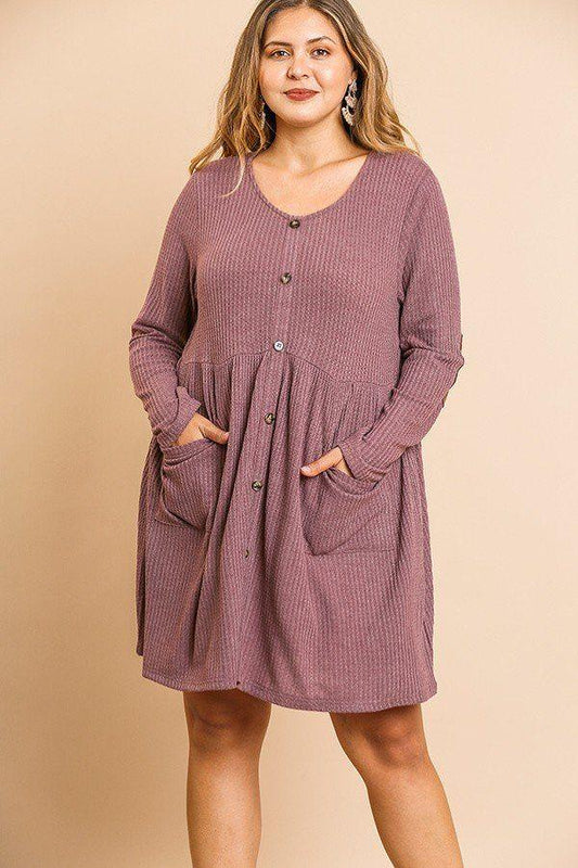 Waffle Knit Long Sleeve Round Neck Faux Button Front Babydoll Dress - Absolute Fashion 2020