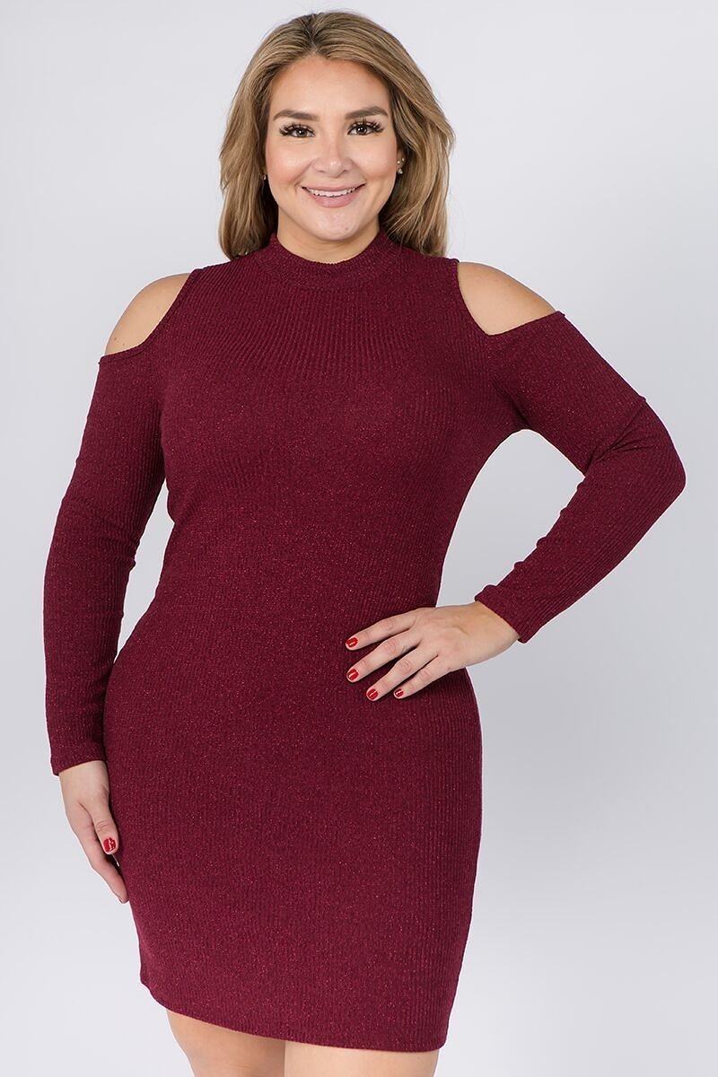 Embellished Solid Rib Knit Cold Shoulder Long Sleeve Dress - Absolute Fashion 2020