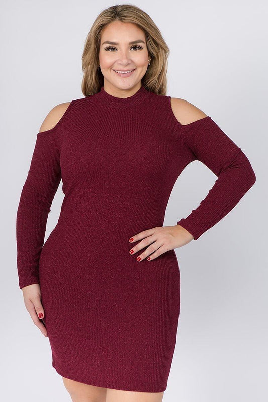 Embellished Solid Rib Knit Cold Shoulder Long Sleeve Dress - Absolute Fashion 2020