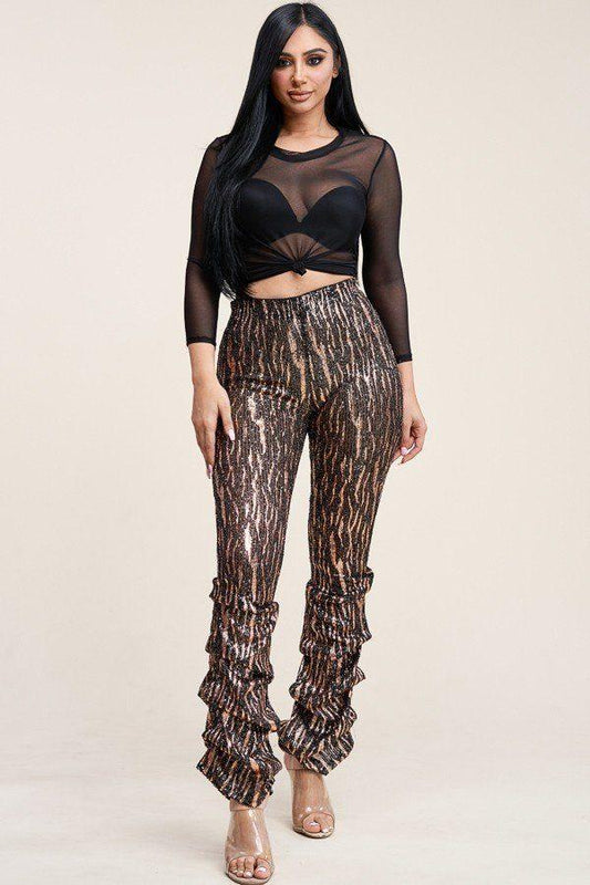 Sequin High Rise Stacked Pant And 3/4 Sleeve Power Mesh Top Two Piece Set - Absolute Fashion 2020