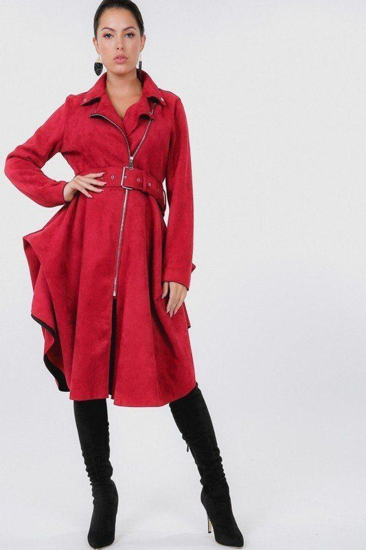 Waist Belt Tacked Faux Suede Coat - Absolute Fashion 2020