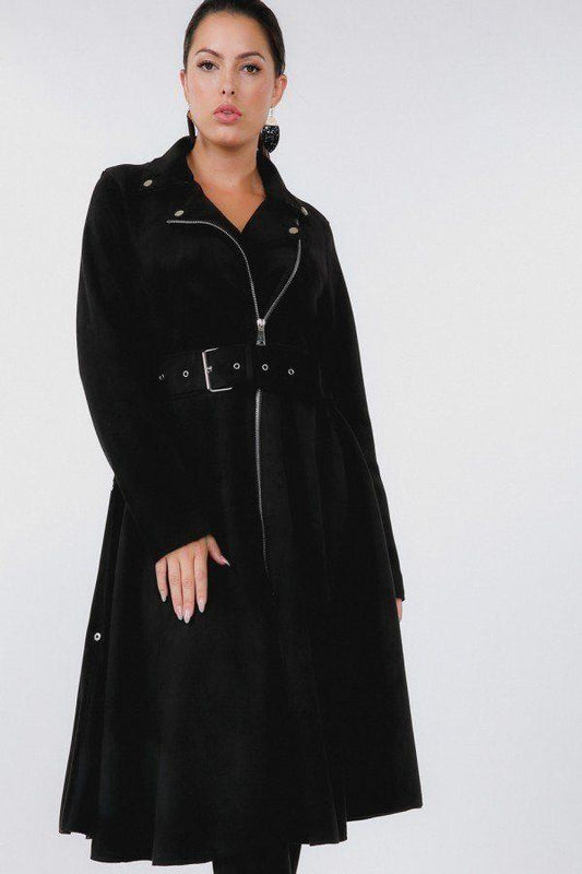 Waist Belt Tacked Faux Suede Coat - Absolute Fashion 2020