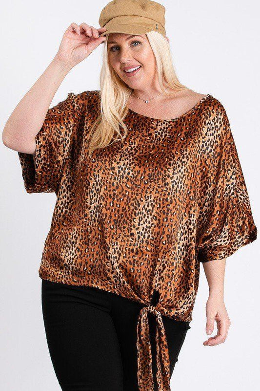 Short Sleeve Side Knot Hemline Leopard Print Woven Top - Absolute Fashion 2020