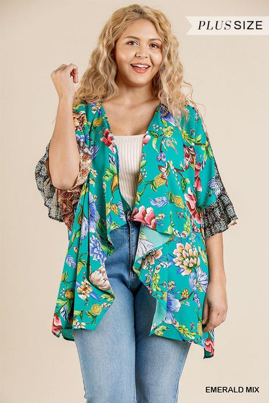 Floral Mixed Print Ruffle Bell Sleeve Open Front Kimono With Side Slits - Absolute Fashion 2020