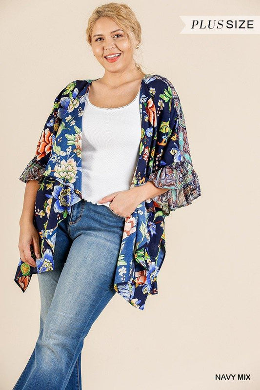 Floral Mixed Print Ruffle Bell Sleeve Open Front Kimono With Side Slits - Absolute Fashion 2020