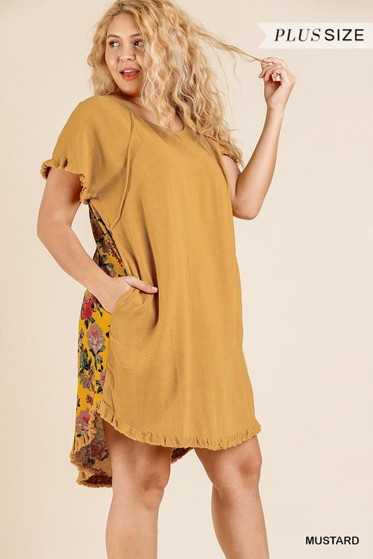Short Sleeve Round Neck Dress With Floral Print Back And High Low Scoop Ruffle Hem - Absolute Fashion 2020
