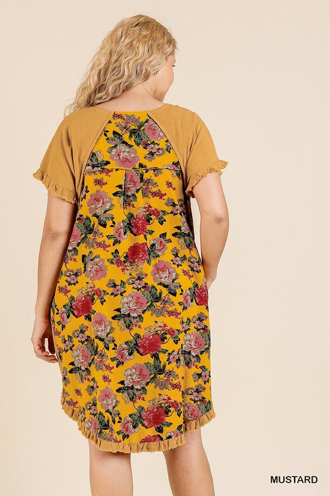 Short Sleeve Round Neck Dress With Floral Print Back And High Low Scoop Ruffle Hem - Absolute Fashion 2020