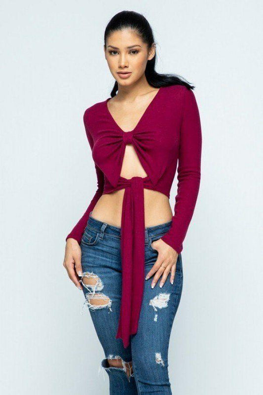 Soft Heavy Knit Front Ribbon Side Band Tie Long Sleeve Crop Top - Absolute Fashion 2020