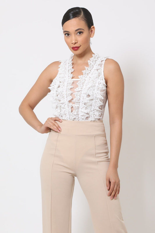 Crotchet Bodysuit W/front Ruffles And Small Mesh Details - Absolute Fashion 2020
