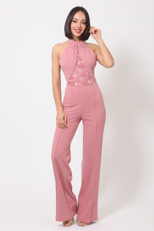 Halter Neck Jumpsuit W/ Criss Cross Front Tie Designs - Absolute Fashion 2020