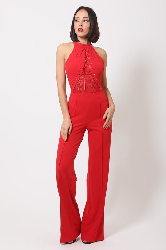 Halter Neck Jumpsuit W/ Criss Cross Front Tie Designs - Absolute Fashion 2020
