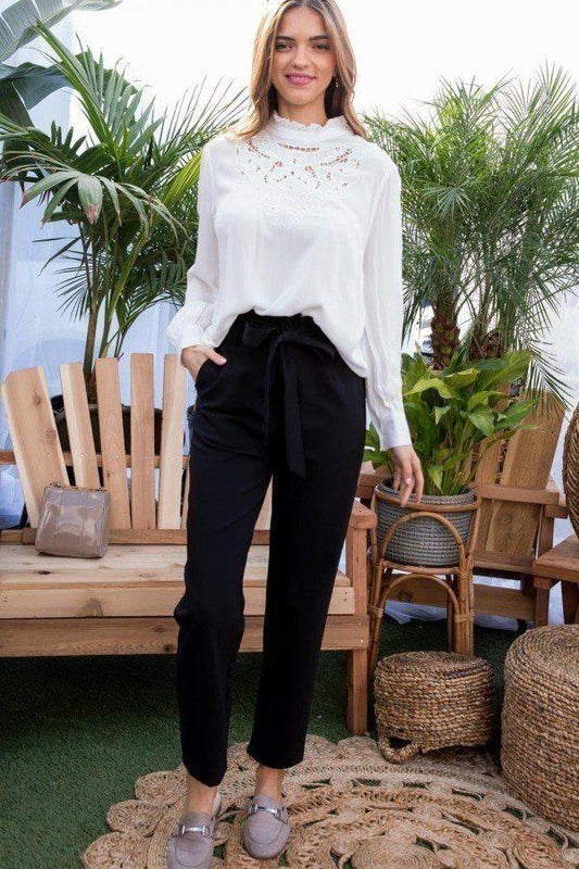 Ruffle High Waist Belt Side Pocket Front Zipper Solid Pants - Absolute Fashion 2020