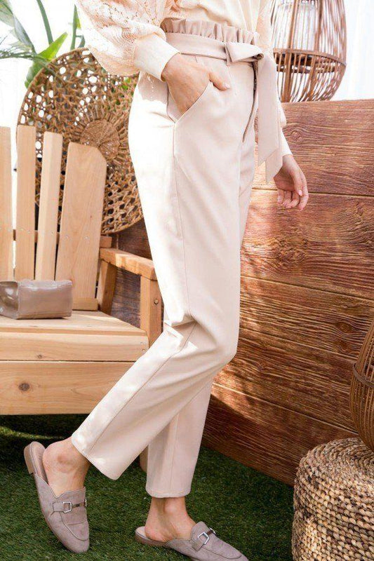 Ruffle High Waist Belt Side Pocket Front Zipper Solid Pants - Absolute Fashion 2020