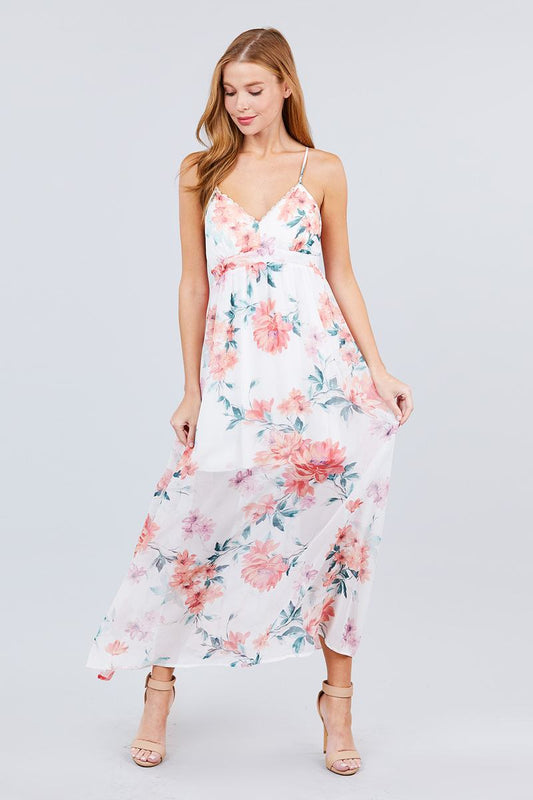 Deep V-neck W/cross Strap Print Maxi Dress - Absolute Fashion 2020