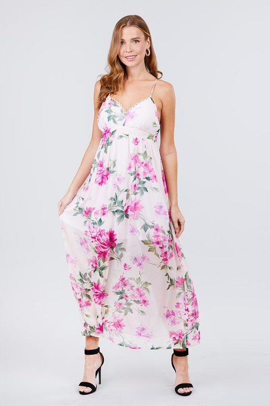 Deep V-neck W/cross Strap Print Maxi Dress - Absolute Fashion 2020