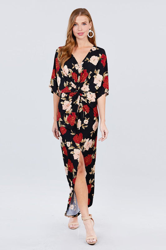 Short Dolman Sleeve V-neck Front Knot And Slit Print Knit Long Dress - Absolute Fashion 2020