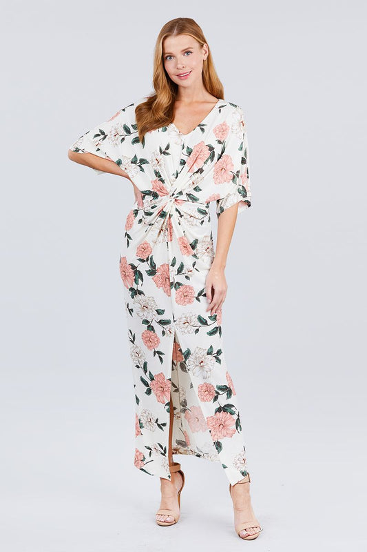 Short Dolman Sleeve V-neck Front Knot And Slit Print Knit Long Dress - Absolute Fashion 2020