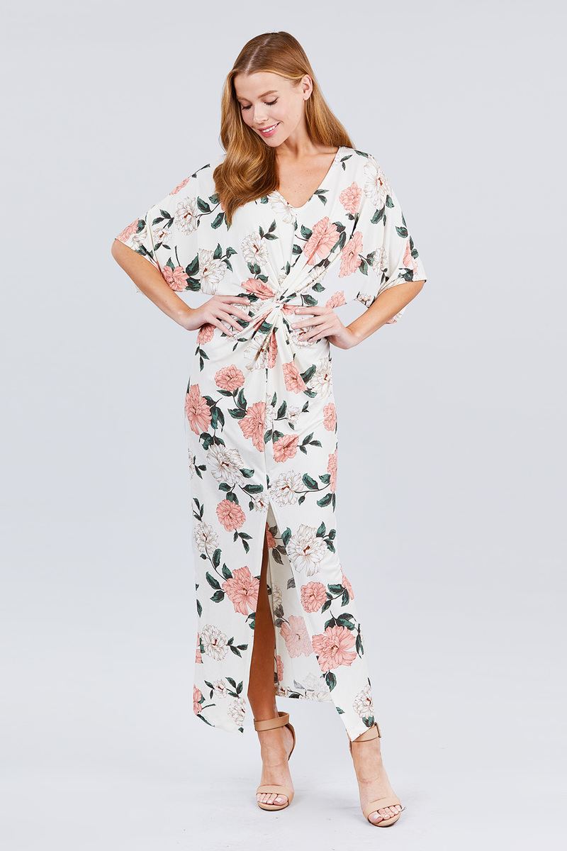Short Dolman Sleeve V-neck Front Knot And Slit Print Knit Long Dress - Absolute Fashion 2020