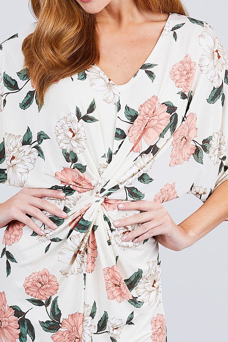 Short Dolman Sleeve V-neck Front Knot And Slit Print Knit Long Dress - Absolute Fashion 2020