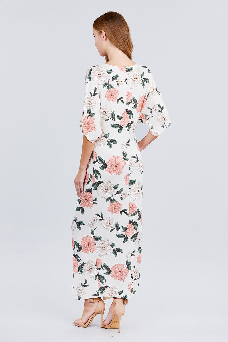 Short Dolman Sleeve V-neck Front Knot And Slit Print Knit Long Dress - Absolute Fashion 2020