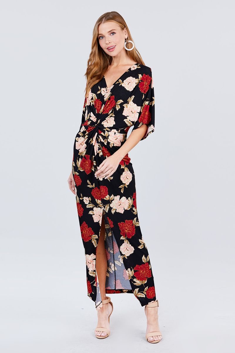 Short Dolman Sleeve V-neck Front Knot And Slit Print Knit Long Dress - Absolute Fashion 2020