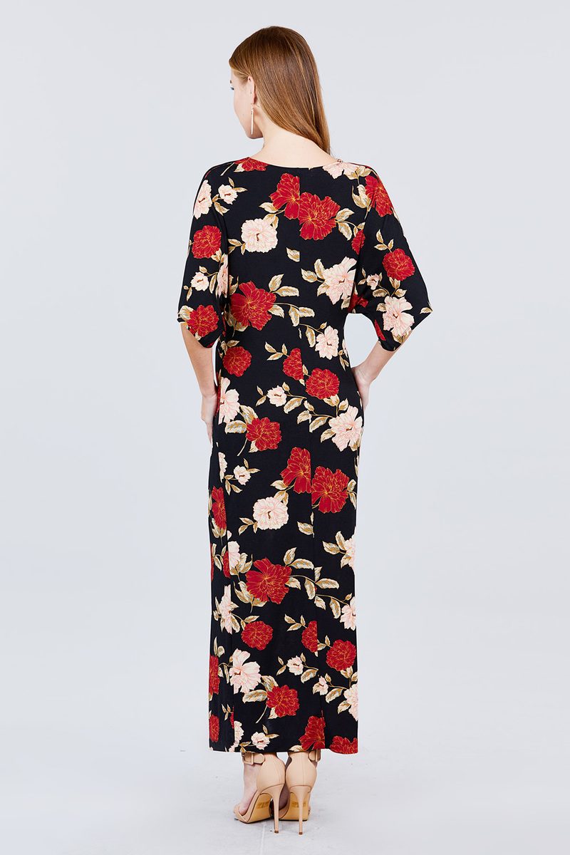 Short Dolman Sleeve V-neck Front Knot And Slit Print Knit Long Dress - Absolute Fashion 2020
