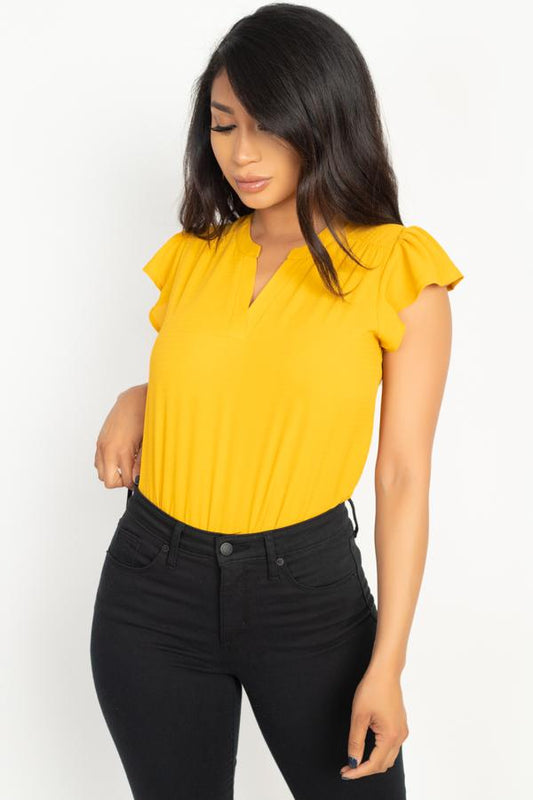 Split V Band Collar Ruffle Sleeve Top - Absolute Fashion 2020