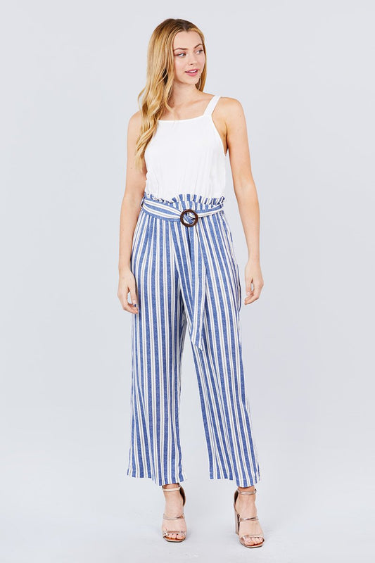 Straight Neck Waist Belted Stripe Long Jumpsuit - Absolute Fashion 2020