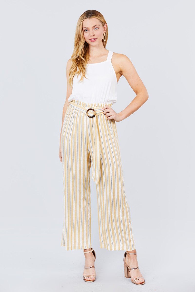 Straight Neck Waist Belted Stripe Long Jumpsuit - Absolute Fashion 2020