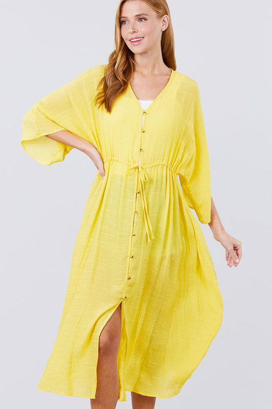 Elbow Sleeve Waist Ribbon Tie Button Down Long Woven Cardigan - Absolute Fashion 2020
