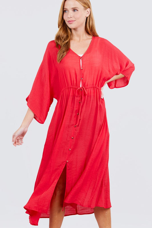 Elbow Sleeve Waist Ribbon Tie Button Down Long Woven Cardigan - Absolute Fashion 2020