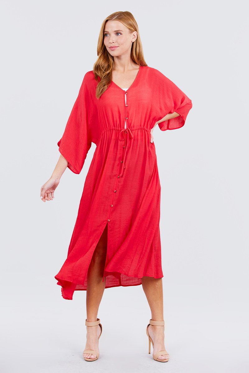 Elbow Sleeve Waist Ribbon Tie Button Down Long Woven Cardigan - Absolute Fashion 2020