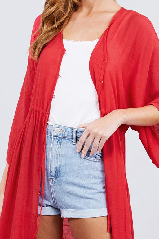 Elbow Sleeve Waist Ribbon Tie Button Down Long Woven Cardigan - Absolute Fashion 2020