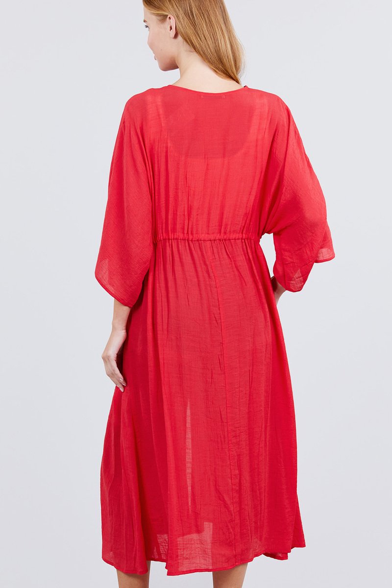 Elbow Sleeve Waist Ribbon Tie Button Down Long Woven Cardigan - Absolute Fashion 2020
