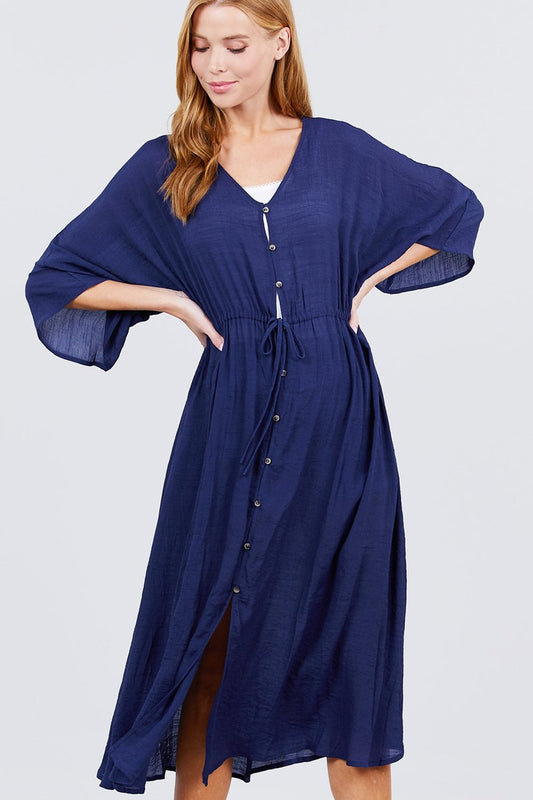 Elbow Sleeve Waist Ribbon Tie Button Down Long Woven Cardigan - Absolute Fashion 2020