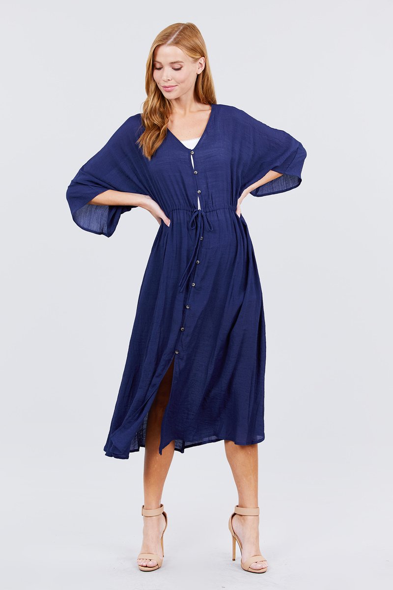 Elbow Sleeve Waist Ribbon Tie Button Down Long Woven Cardigan - Absolute Fashion 2020