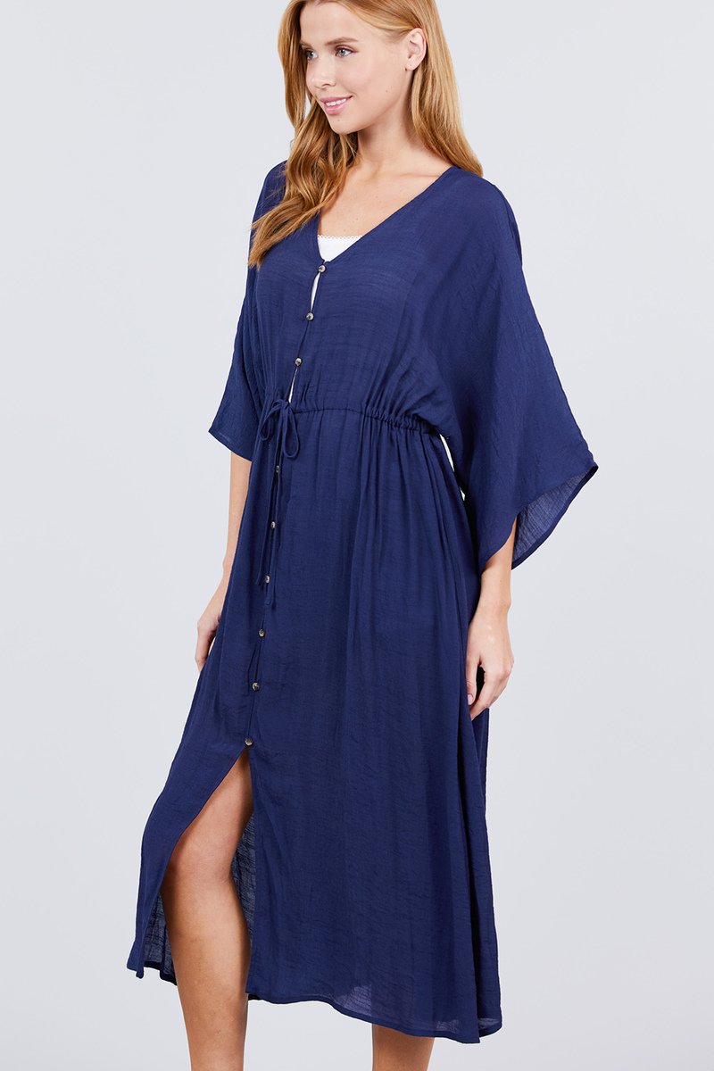 Elbow Sleeve Waist Ribbon Tie Button Down Long Woven Cardigan - Absolute Fashion 2020