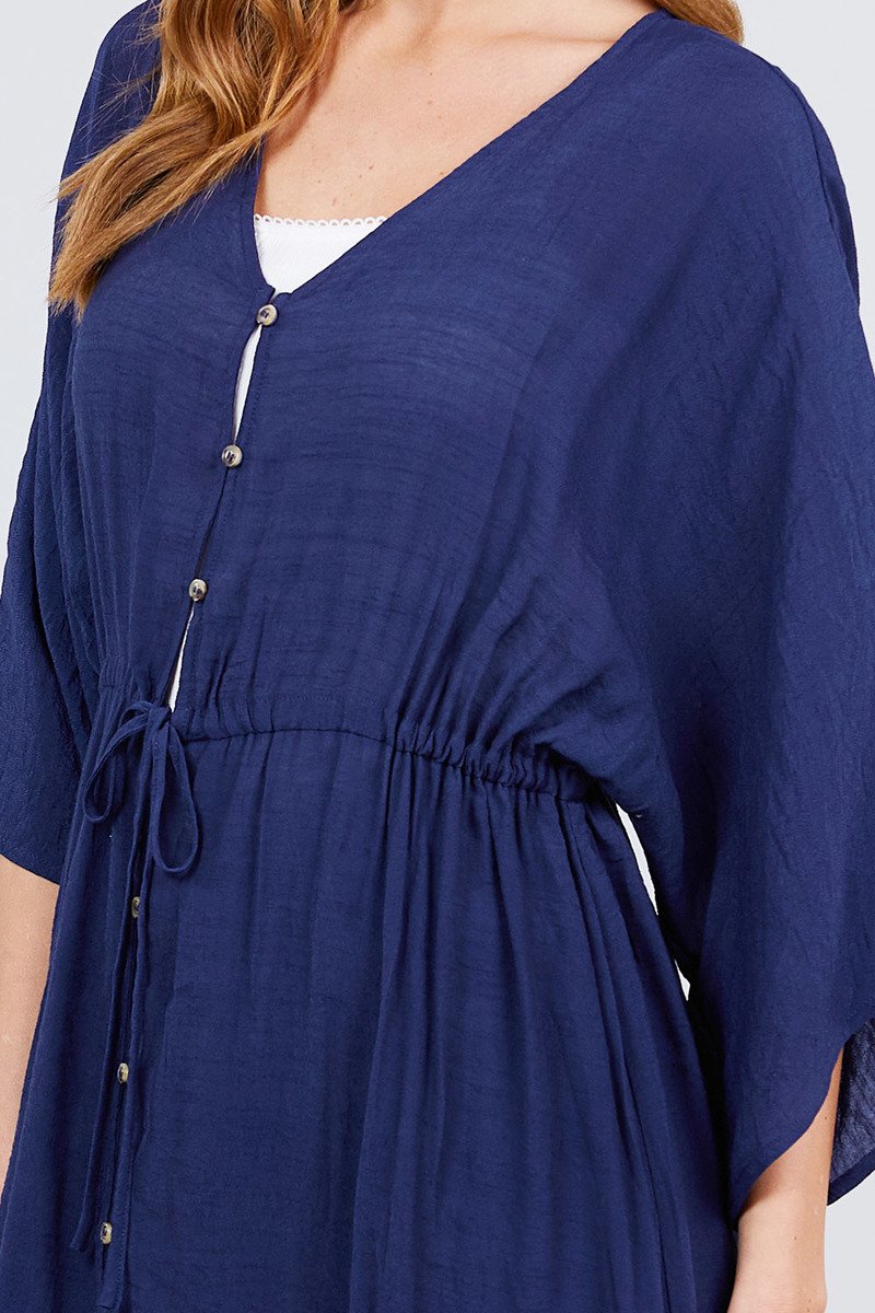 Elbow Sleeve Waist Ribbon Tie Button Down Long Woven Cardigan - Absolute Fashion 2020