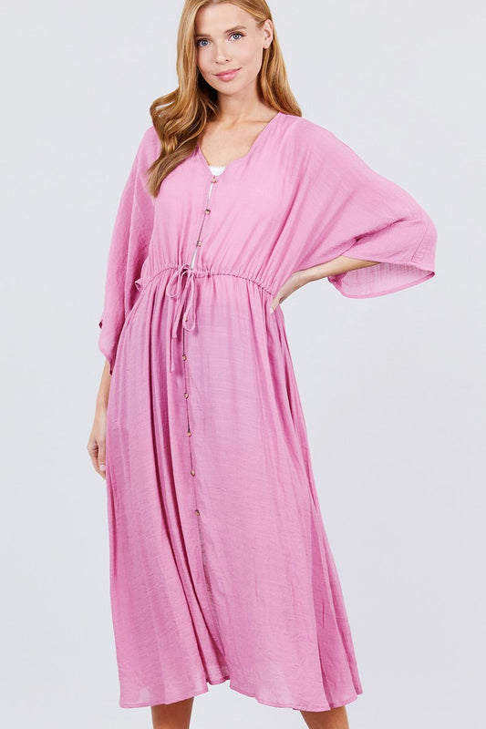Elbow Sleeve Waist Ribbon Tie Button Down Long Woven Cardigan - Absolute Fashion 2020