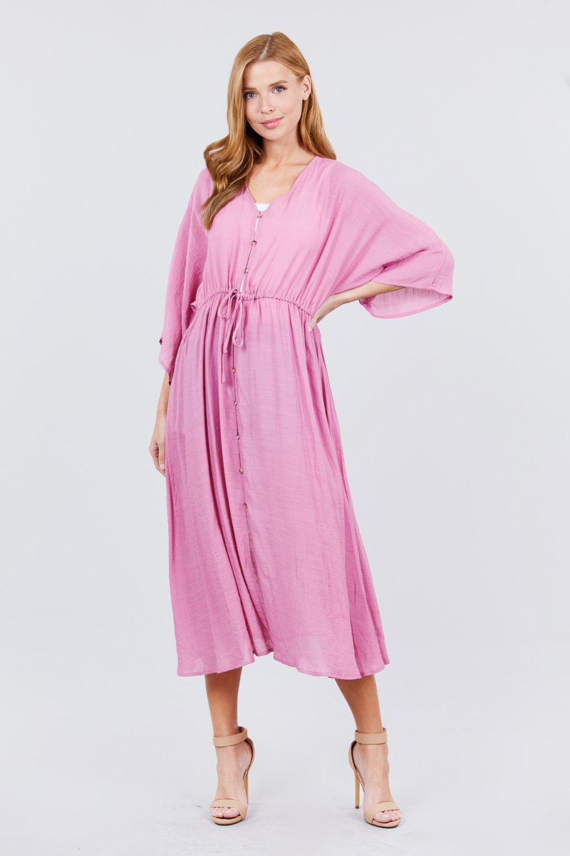 Elbow Sleeve Waist Ribbon Tie Button Down Long Woven Cardigan - Absolute Fashion 2020