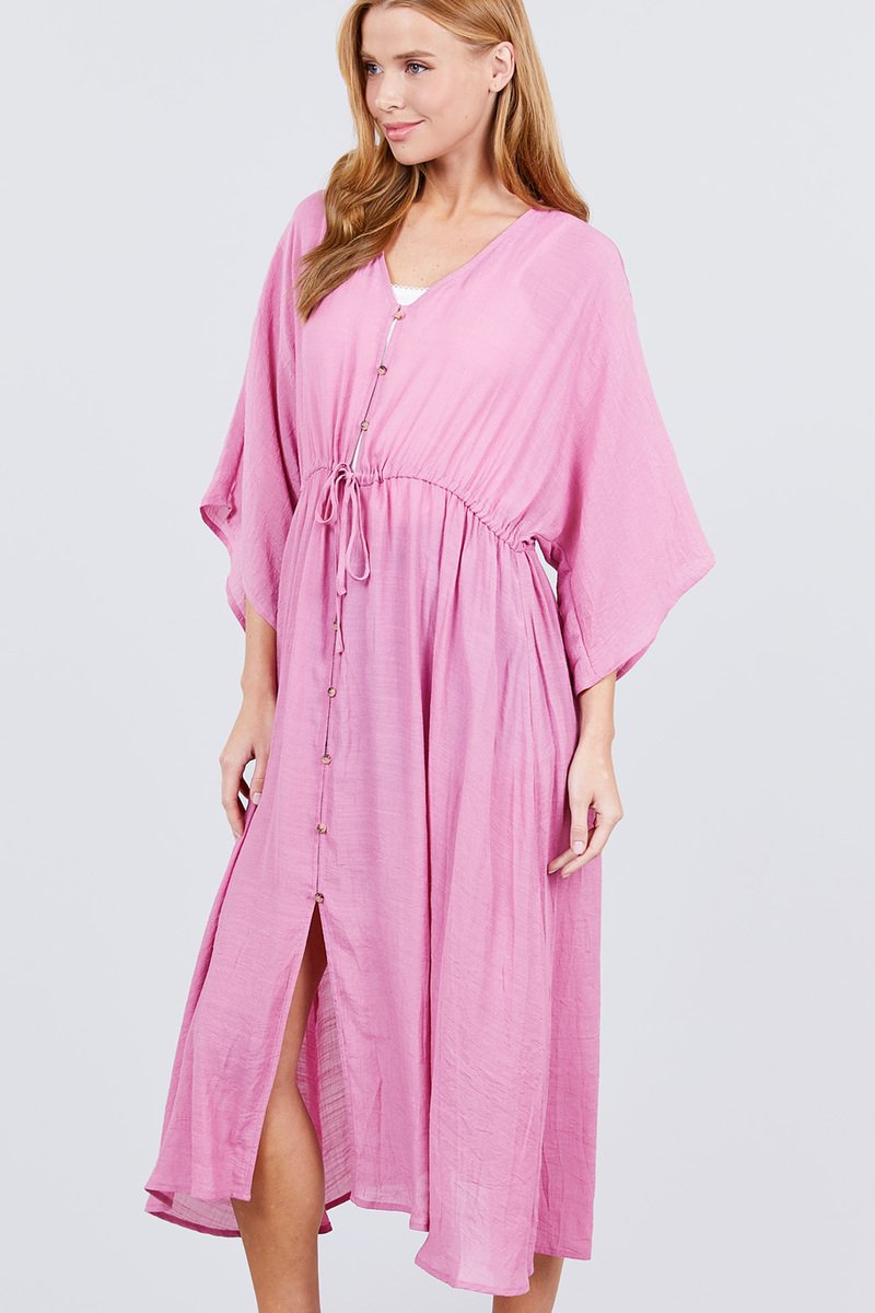 Elbow Sleeve Waist Ribbon Tie Button Down Long Woven Cardigan - Absolute Fashion 2020