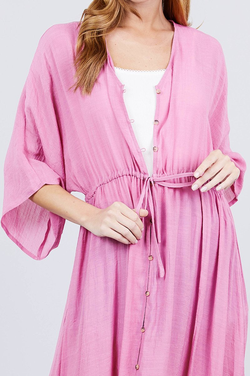 Elbow Sleeve Waist Ribbon Tie Button Down Long Woven Cardigan - Absolute Fashion 2020