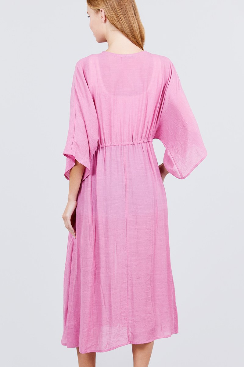 Elbow Sleeve Waist Ribbon Tie Button Down Long Woven Cardigan - Absolute Fashion 2020