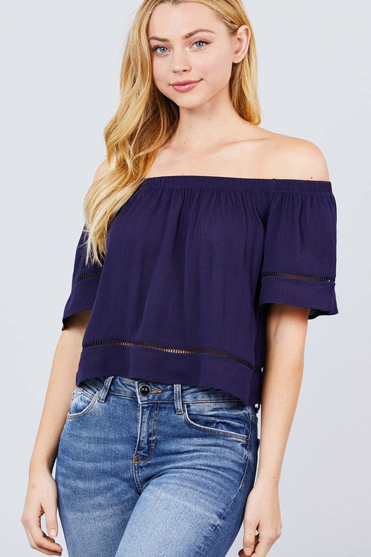 Elbow Sleeve Off The Shoulder Lace Trim Woven Top - Absolute Fashion 2020