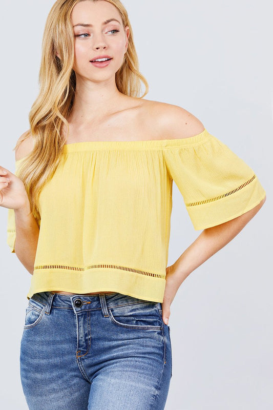 Elbow Sleeve Off The Shoulder Lace Trim Woven Top - Absolute Fashion 2020